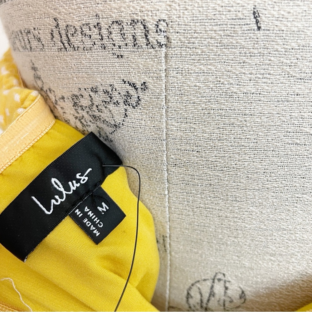 Lulus Mustard Yellow Polka Dot Strapless Midi Dress NWT Bow Ric Rac Trim Sz M - Picture 9 of 12